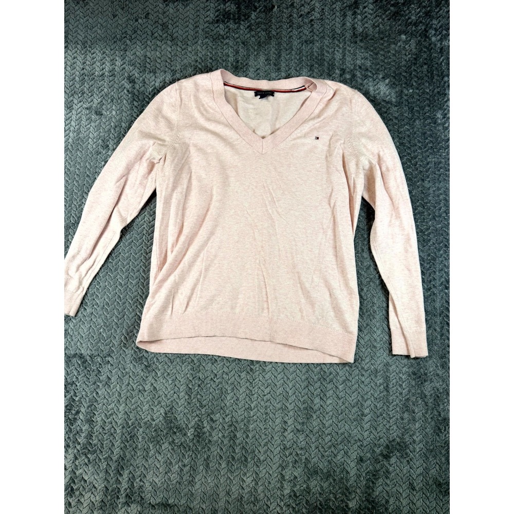 Tommy Hilfiger Sweater Womens Large Pink V Neck Embroidered Tight Knit Cotton